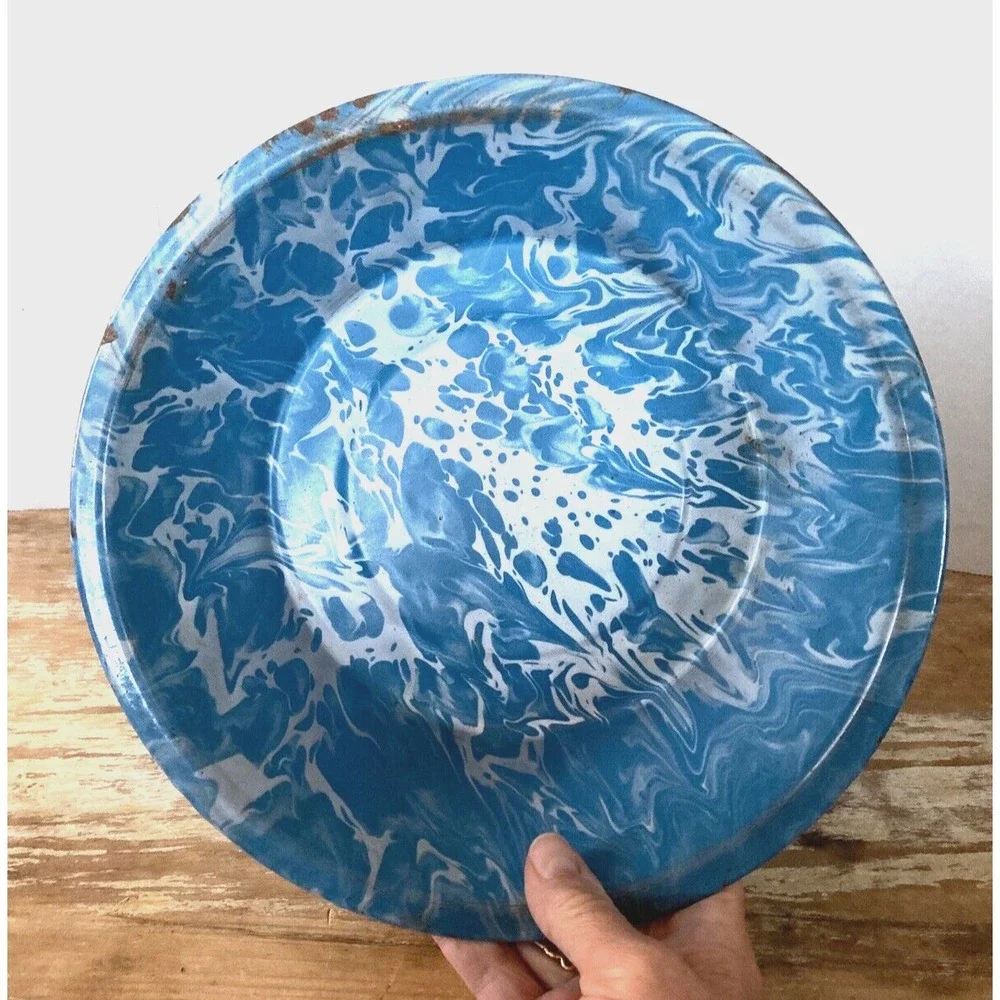 Antique vintage enamelware enameled swirl blue white basin bowl chippy farmhouse